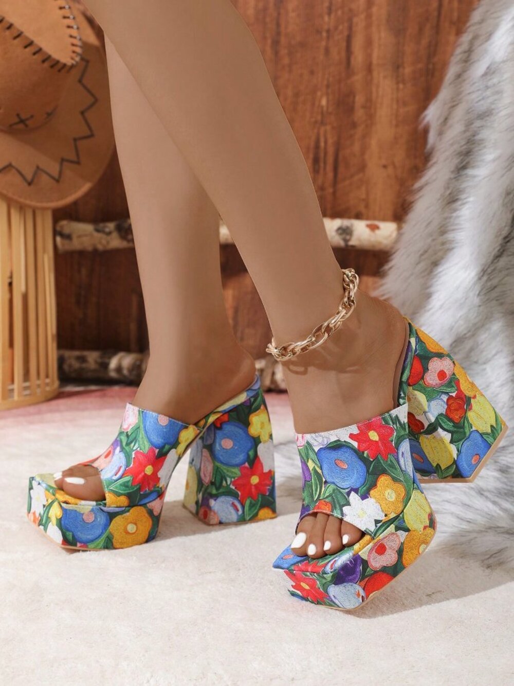 Blue Bohemian Women's floral High Heel Platform Sandals - Picture 2 of 2